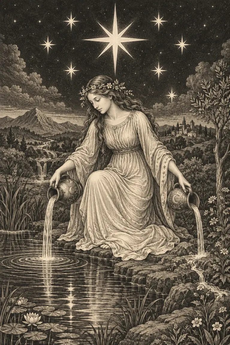 An engraving of The Star: a woman kneels by a pool at night, pouring water from two jugs beneath a bright star.